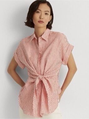 Lauren Ralph Lauren Red and White Striped Tie-Front 100% Linen Button Down Shirt